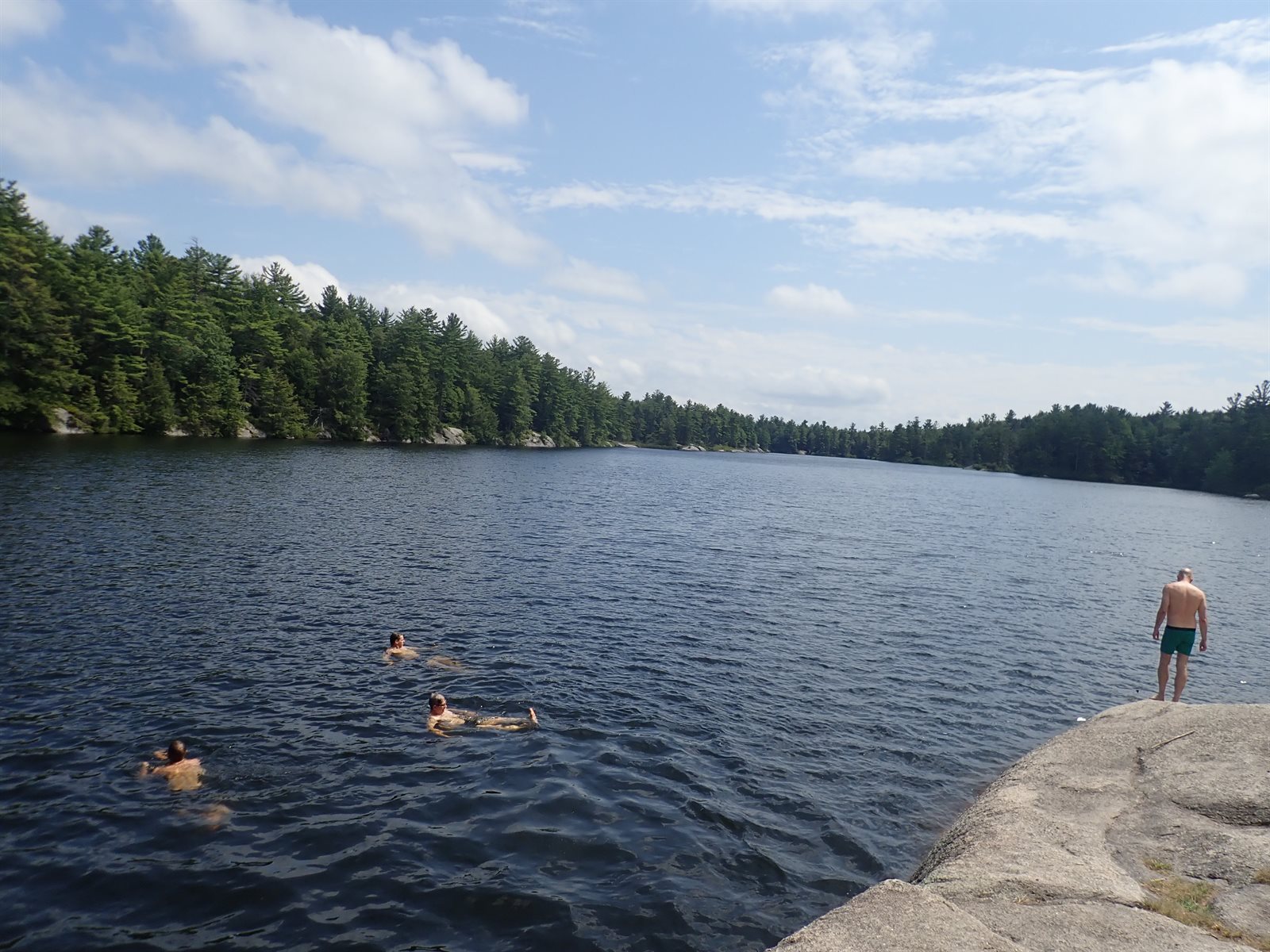 GayOutdoors members swimming in a calm forest-lined lake